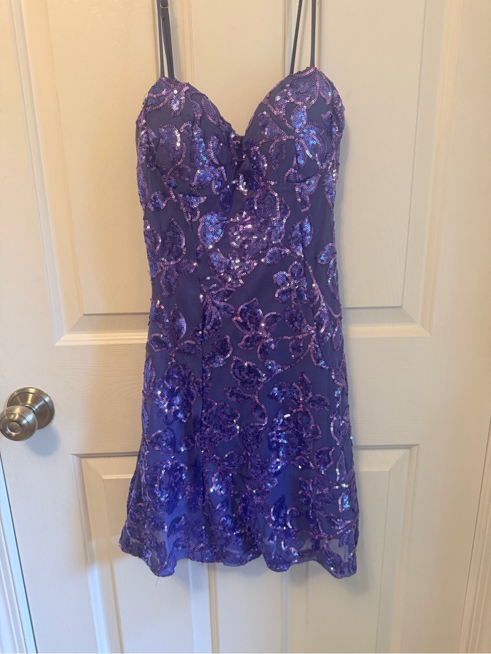 Purple Sequin Spaghetti Strap Homecoming Dress